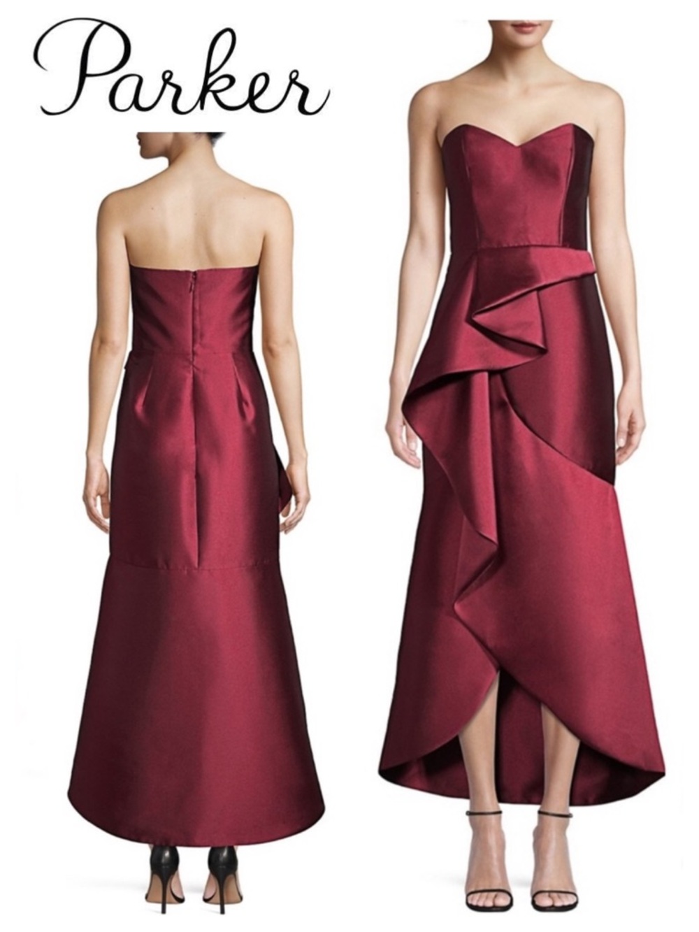 PARKER BLACK Lulu Cascading Ruffle Strapless Satin Gown